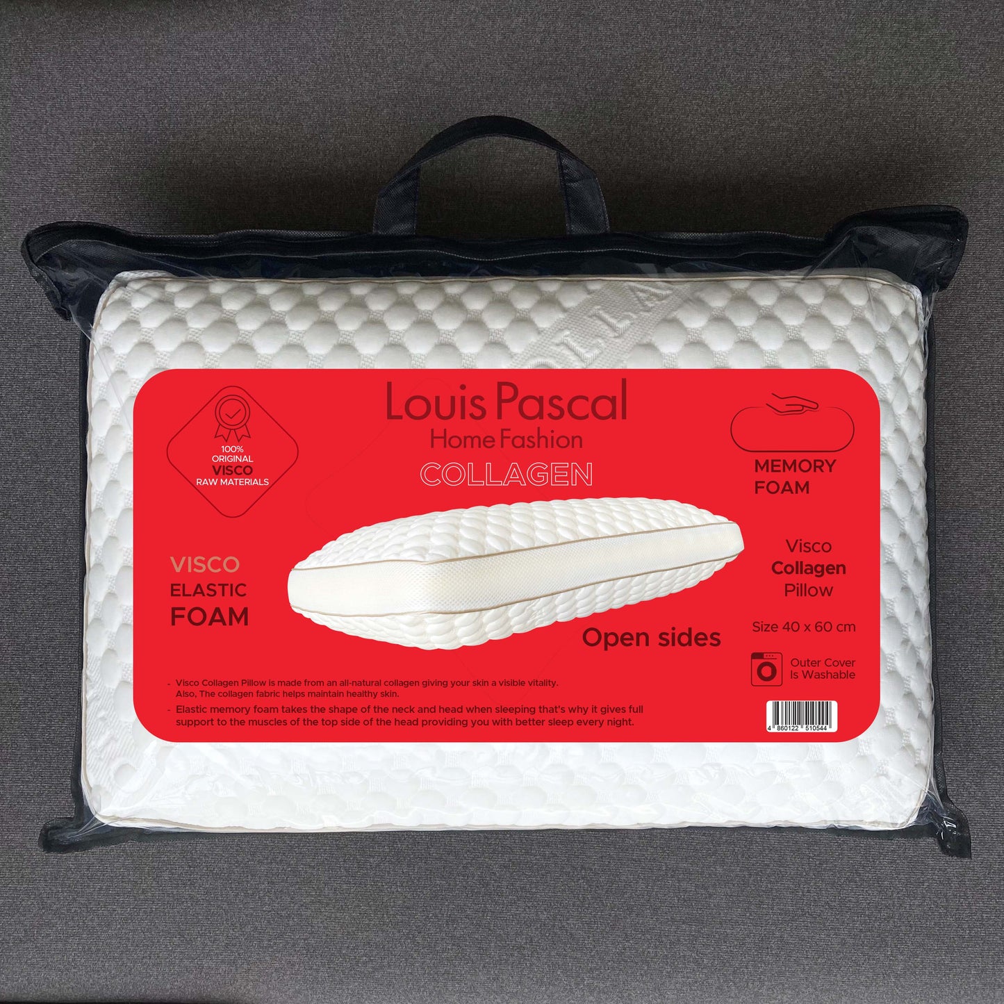 Almohada Colágeno - Superficie de colágeno de lujo - Espuma elástica con memoria - Tamaño 40 X 60 CM - Altura 15 CM - Código de barras 4860122510544