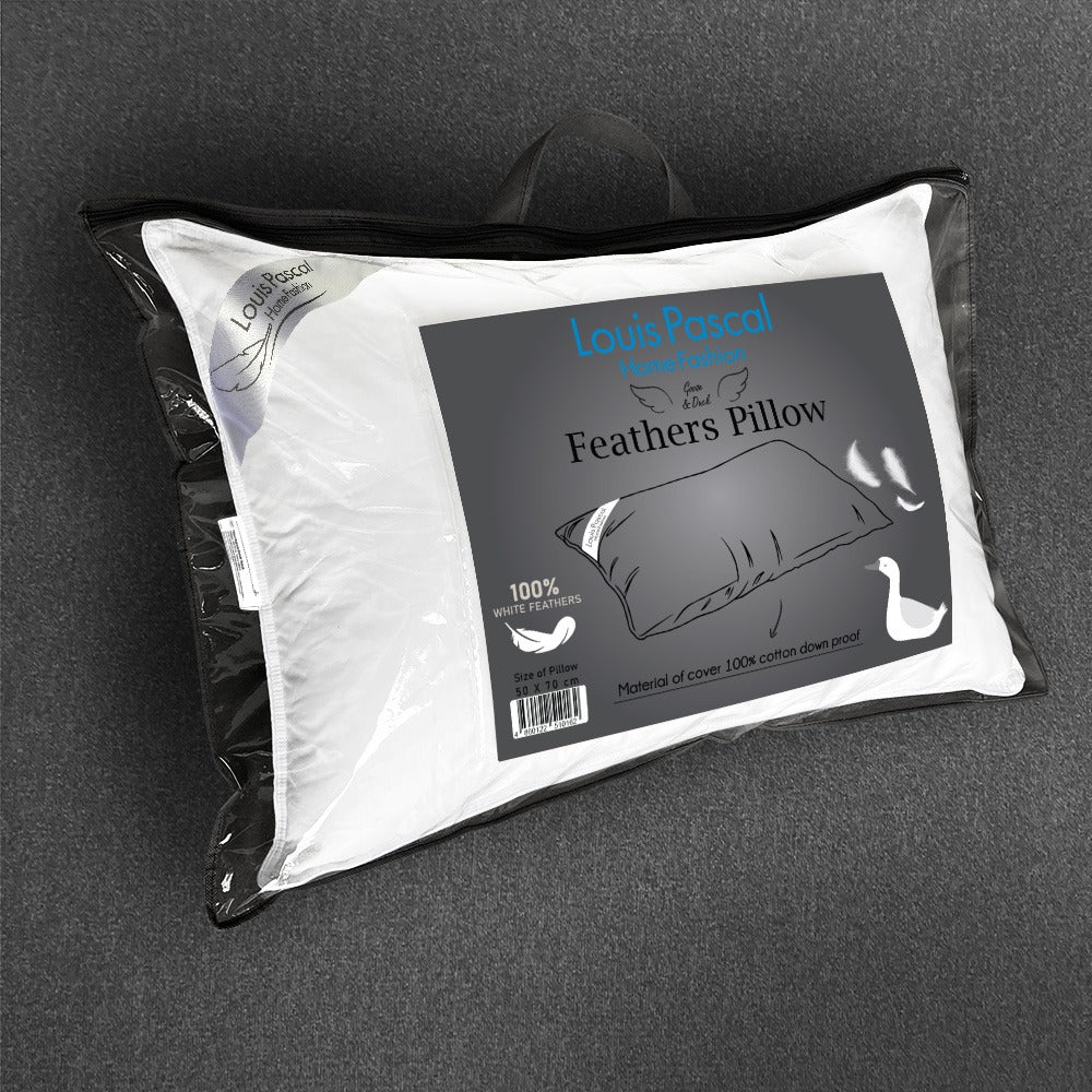 Pillow natural feathers (high-quality) - 100% cotton surface (Down proof) - filling 15% White goose down - 85% White duck feathers - Size 50x70 CM - Barcode 4860122510162