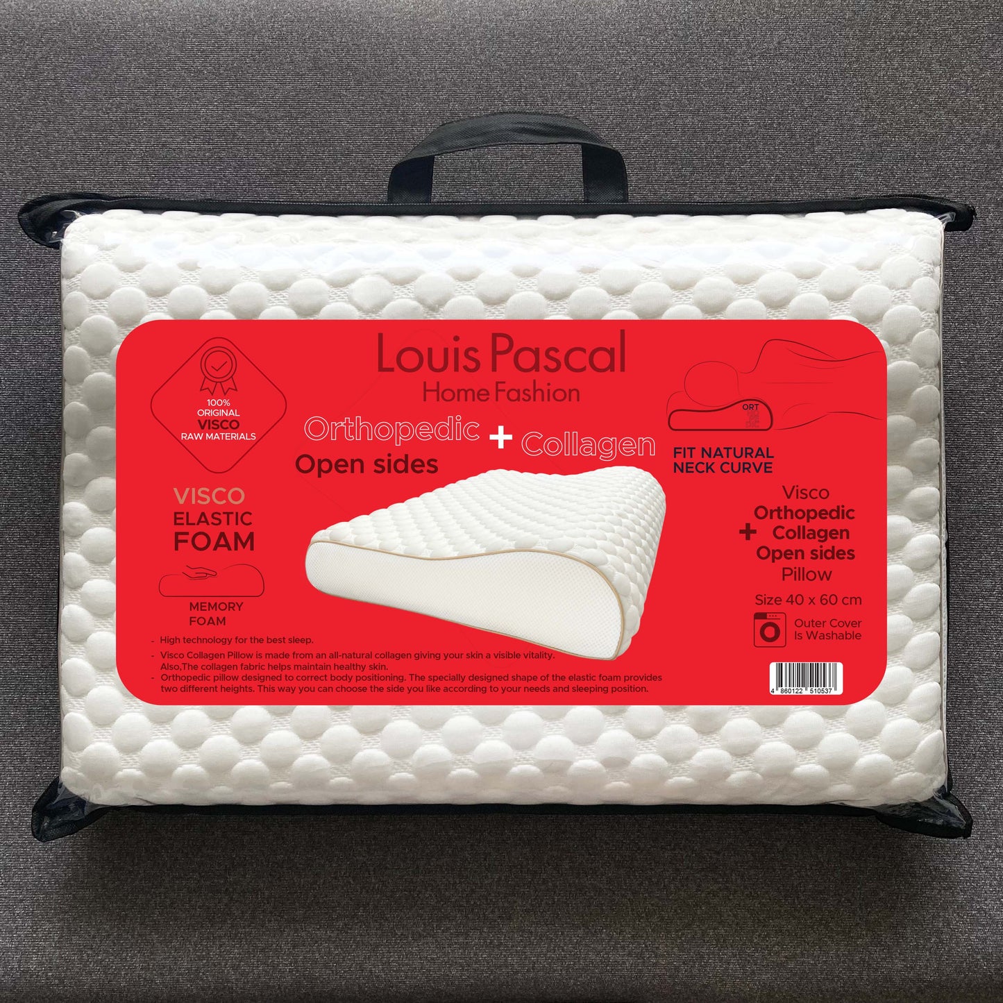 Pillow Orthopedic + Luxury collagen surface - Memory elastic foam - Luxury surface - Size 40 X 60 CM (height lower side 6 CM) (height upper side 10 CM) - Barcode  4860122510537